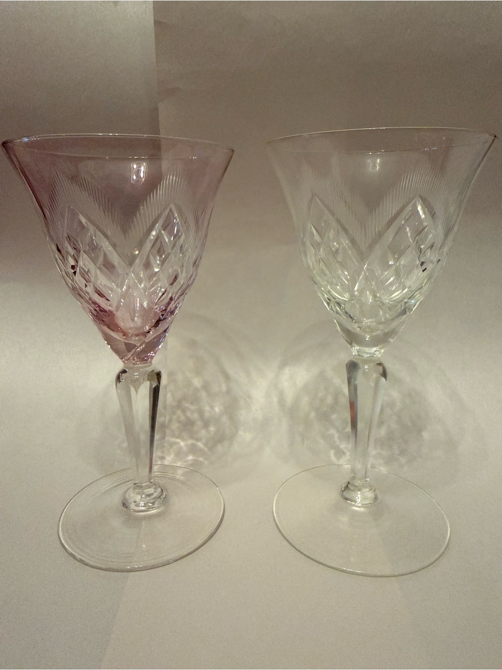 Crystal Cut Wine Glasses - Pink and Clear Stemware Set
